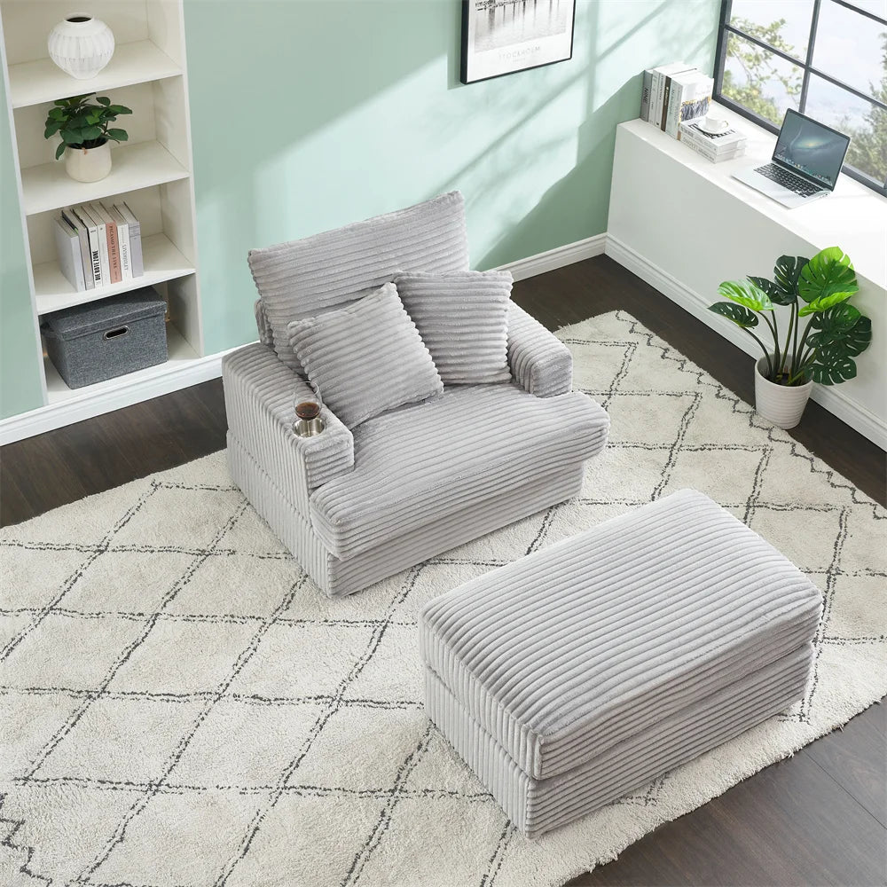 Armchair with Sleep Function Spring Upholstered Armchair Ottoman Set Comfortable Single Sofa Lounge Chaise with Cup Holder
