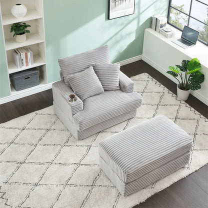 Armchair with Sleep Function Spring Upholstered Armchair Ottoman Set Comfortable Single Sofa Lounge Chaise with Cup Holder
