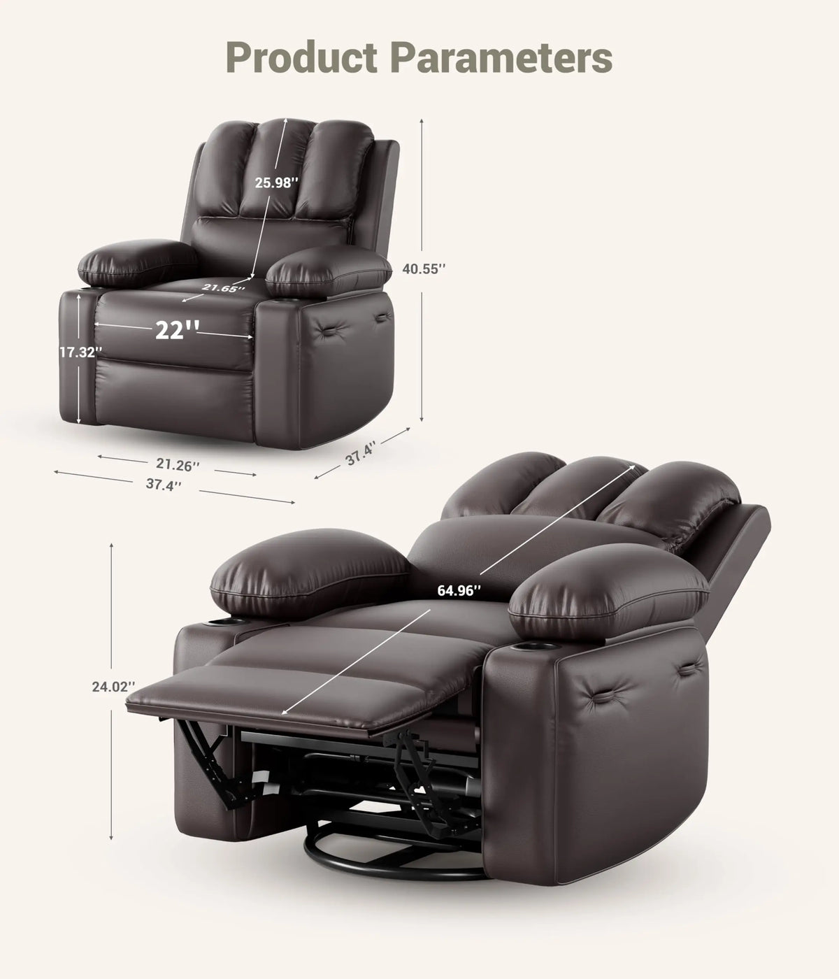 Oversized Recliner Chair With Massage and Heat Function, Adults Leather Single Sofa With Cup Holder For Living Room, Bedroom
