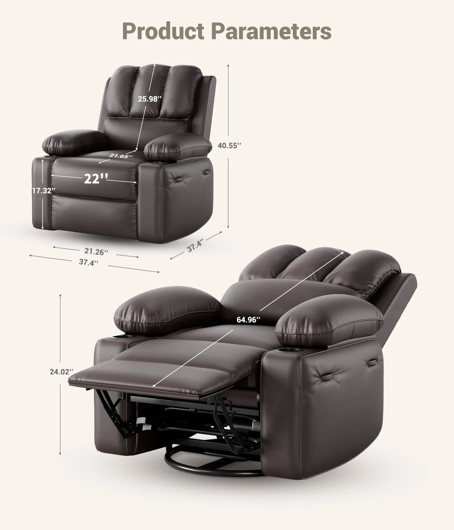 Oversized Recliner Chair With Massage and Heat Function, Adults Leather Single Sofa With Cup Holder For Living Room, Bedroom