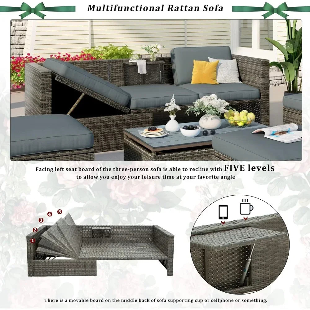 y 5-Piece Patio Furniture Sets with Adustable Backrest, Ottomans and Lift Top Coffee Table, All Weather Waterproof Wicker
