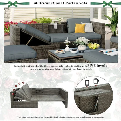 y 5-Piece Patio Furniture Sets with Adustable Backrest, Ottomans and Lift Top Coffee Table, All Weather Waterproof Wicker