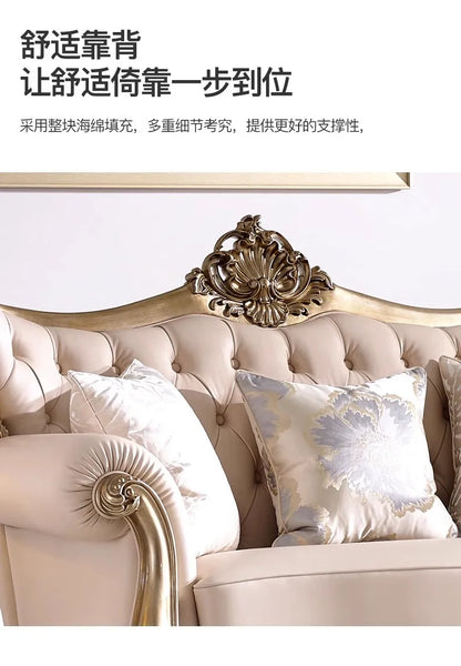 French cream wind solid wood leather living room sofa combination luxury villa sofa high-end luxury