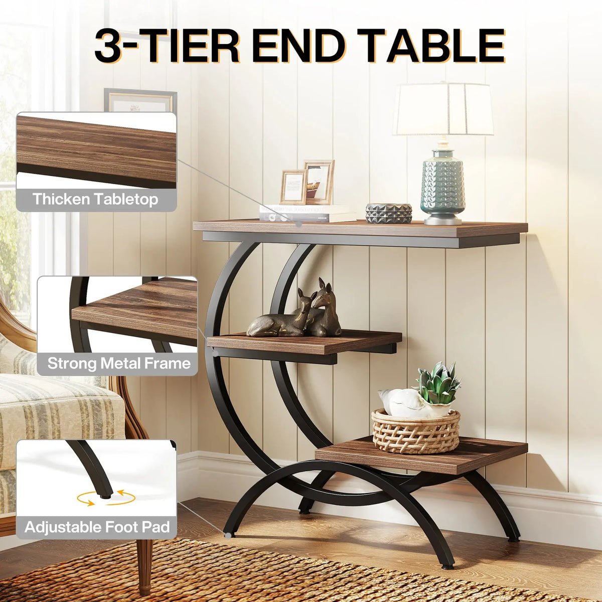 Tribesigns C-Shaped End Table, Industrial 3-Tier Small Table for Couch, Wood Bedside Table Snack Table with Storage Shelves