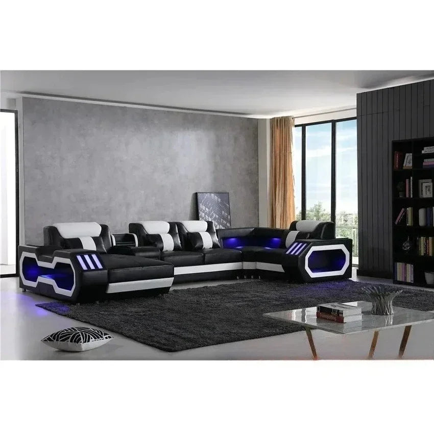 European Design Style LED Electric Sectional Sofa Set Top Microfiber Leather Home Furniture For Luxury Villa Living