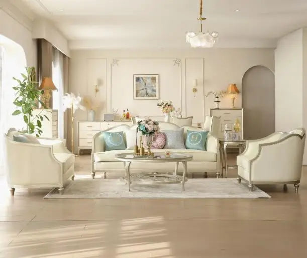 American Luxury Leather Living Room Sofa Light 123-Space L-Shape Combination Home Villa Boucle Fabric Furniture