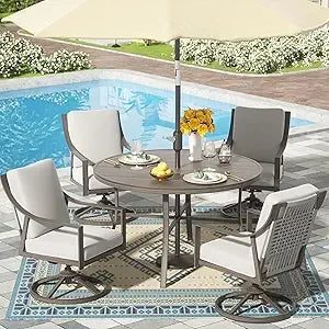 4pcs Patio Swivel Rocking Chairs and 38’’ Round Dining Table with 1.65’’ Umbrella Hole，5-Piece Outdoor Patio Dining Set