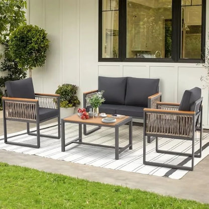 4 Pieces Outdoor Patio Furniture Set with Solid Wood Handrails, Plastic-Wood Balcony Furniture with Wicker Arm Panel, All