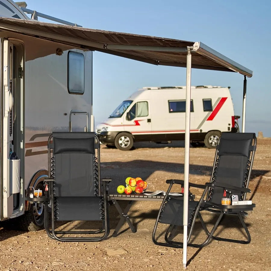 Zero Gravity Recliners Outdoor Adjustable Folding Reclining Lounge Chairs with Pillows Cup Holder Trays and Carry Strap for Pat