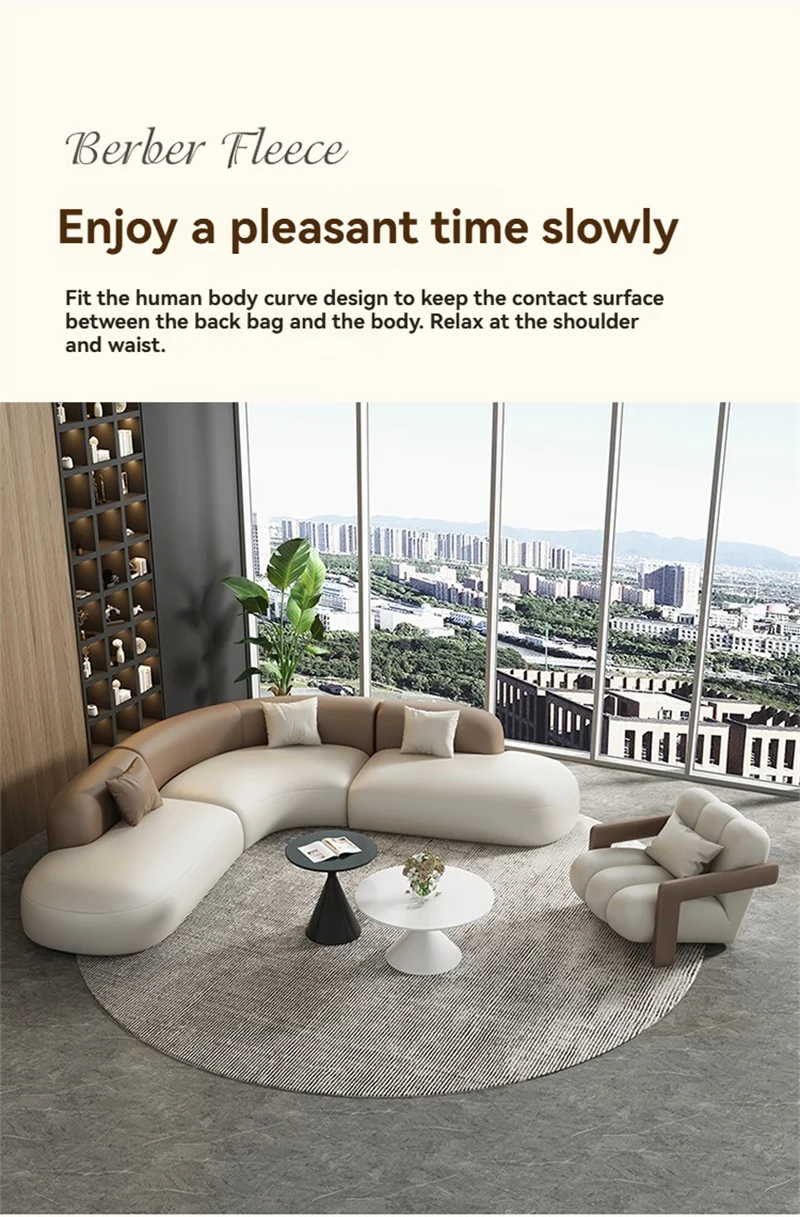 Curved Leather Corner Sofa Set with Solid Wood Frame, Modern Sectional Couches for Living Room, Comfortable Leather Couch Sets