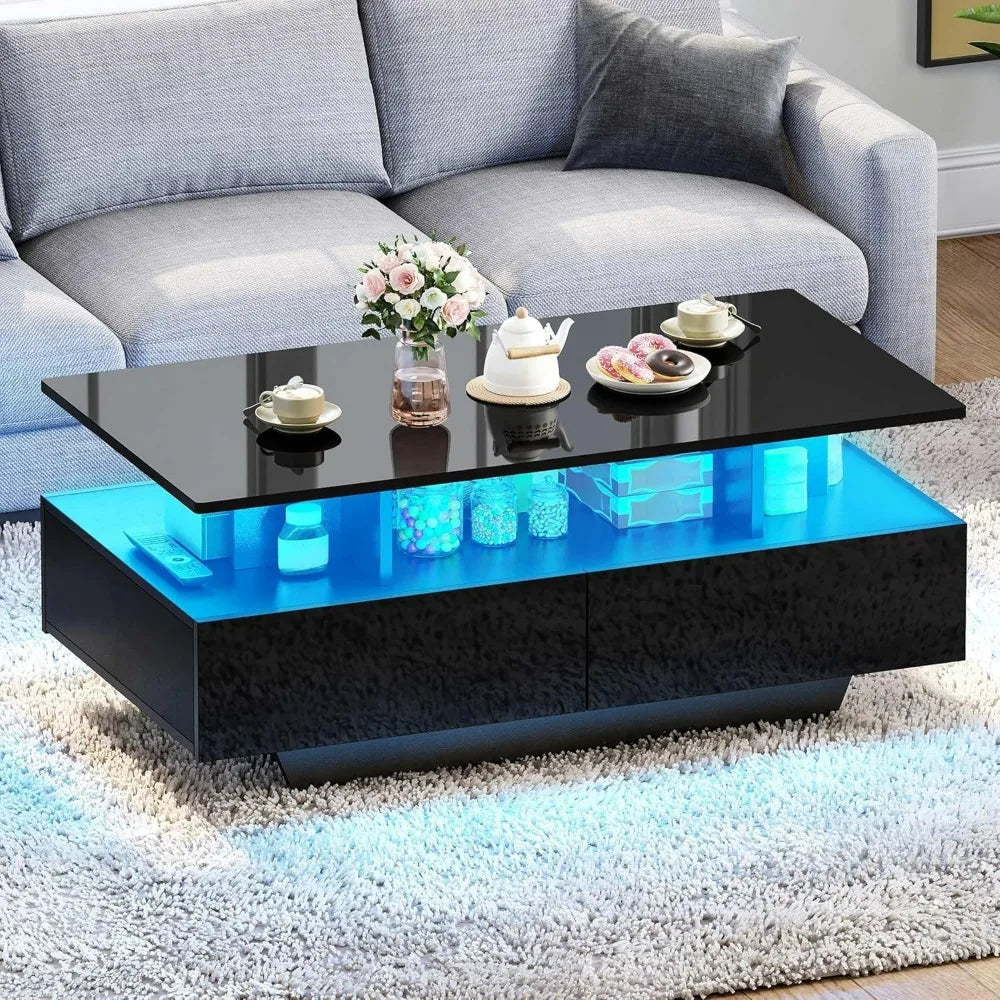 Modern Rectangular Black High Gloss LED Coffee Table with 4 Drawers for Living Room Storage