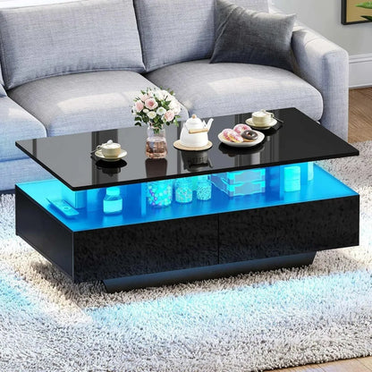 Modern Rectangular Black High Gloss LED Coffee Table with 4 Drawers for Living Room Storage