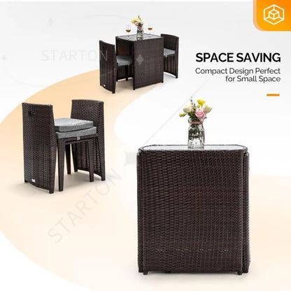 3-piece wicker patio bistro set, glass top table and chairs for small space balcony dining