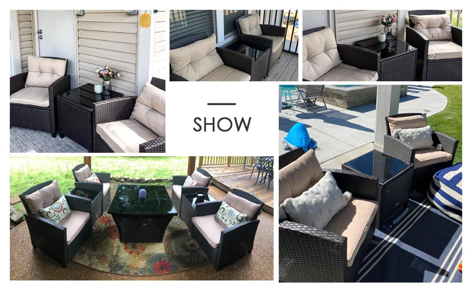 3 Pieces Patio Furniture Set, PE Rattan Wicker 3 Pcs Outdoor Sofa Set w/Washable Cushion and Tempered Glass Tabletop,Garden Sofa