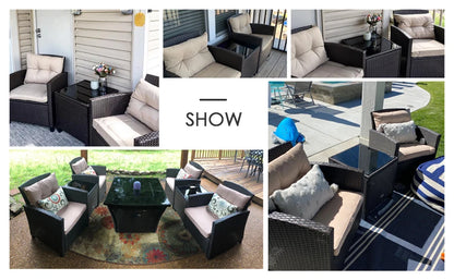 3 Pieces Patio Furniture Set, PE Rattan Wicker 3 Pcs Outdoor Sofa Set w/Washable Cushion and Tempered Glass Tabletop,Garden Sofa