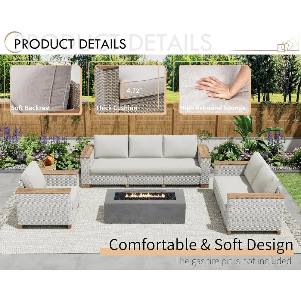 6-Piece Patio Furniture Set, Wicker Patio Conversation Set with Solid Wood Armrests &Thick Legs, UV-Resistant Outdoor