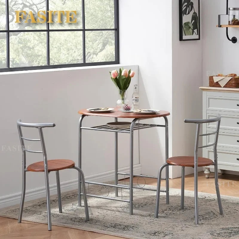 3 Piece Wood Round Table & Chair Set for Dining Room Kitchen Bar Breakfast, with Wine Storage Rack, Space Saving