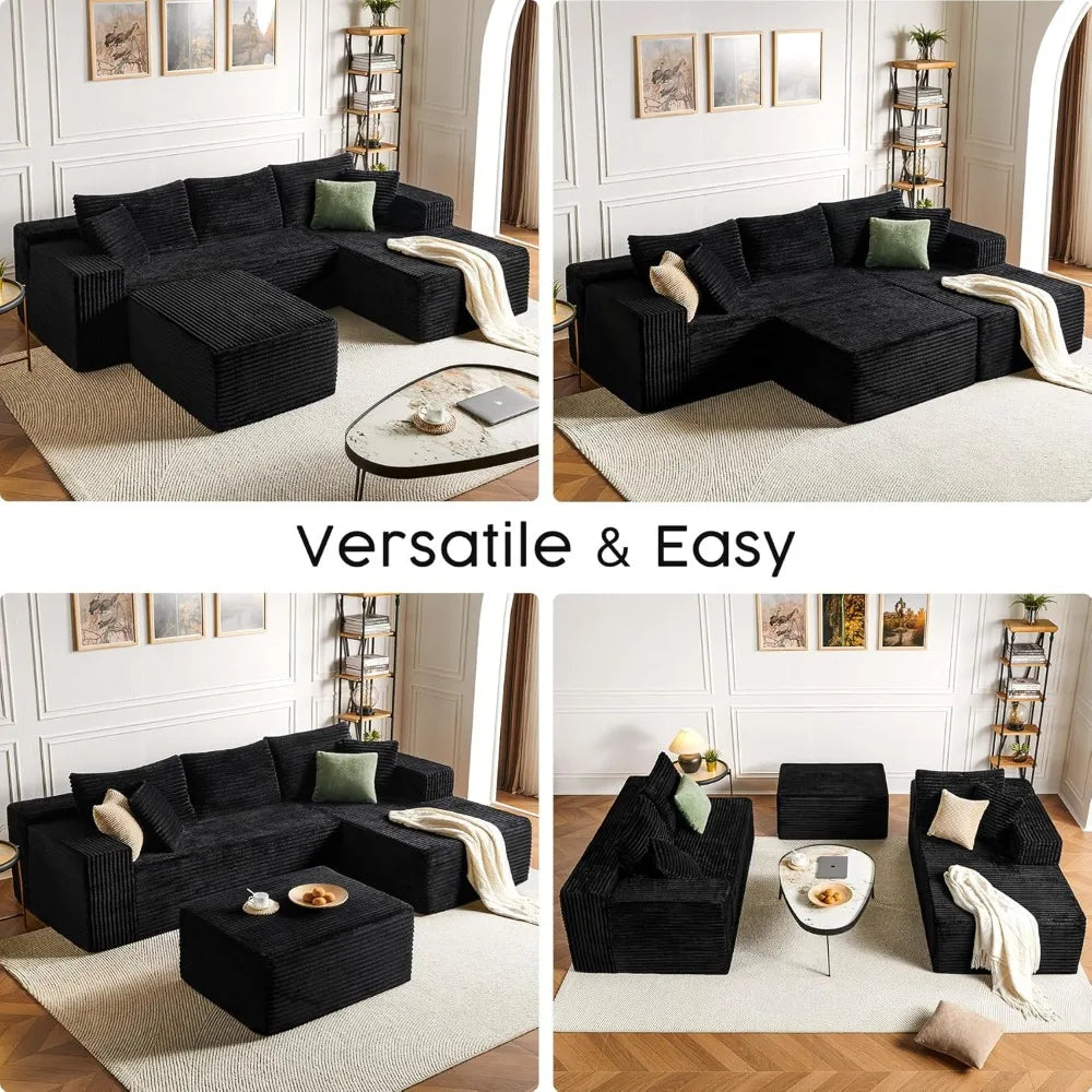 Black Sectional Couch with Ottoman, 108 Cloud Modular Couch for Living Room, Modern U-Shaped Sofa, No Assembly Required