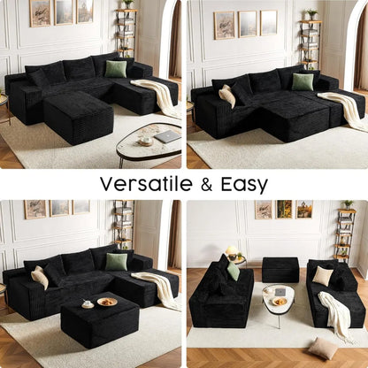 Black Sectional Couch with Ottoman, 108 Cloud Modular Couch for Living Room, Modern U-Shaped Sofa, No Assembly Required