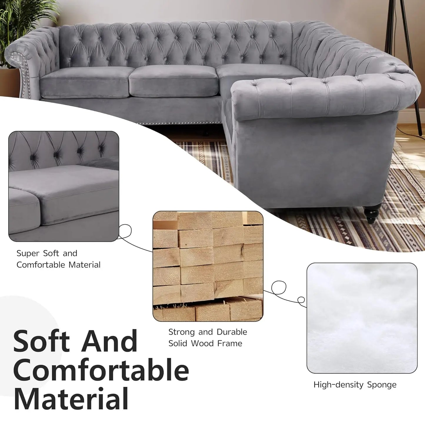 L-Shaped Sofa, Sectional Chesterfield Couch 5-Seater Velvet Upholstered Small Accent Tufted Sofa with Rolled, Customized