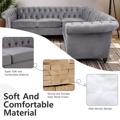 L-Shaped Sofa, Sectional Chesterfield Couch 5-Seater Velvet Upholstered Small Accent Tufted Sofa with Rolled, Customized
