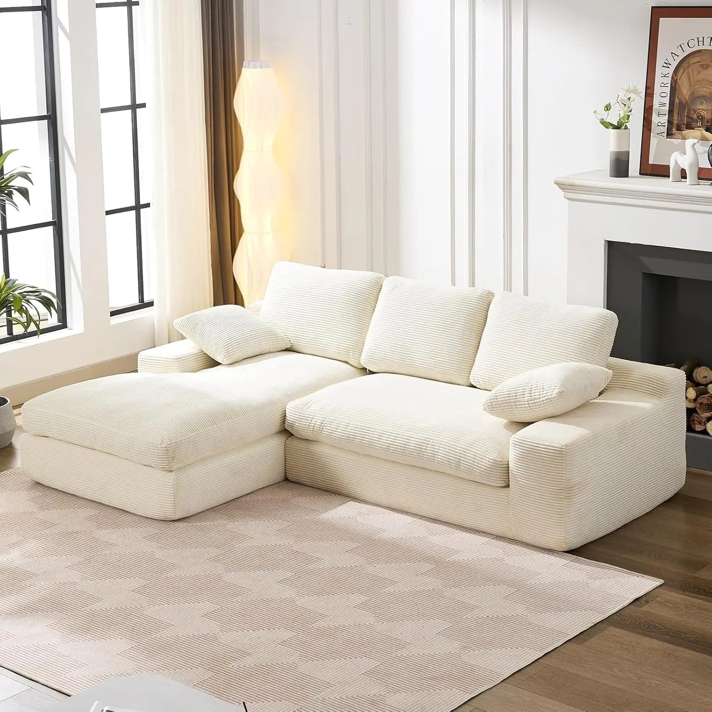 Black Cloud 98.4-Inch Sectional Sofa Corduroy L-Shaped Modern Upholstered Couch with Chaise Modular Sectional