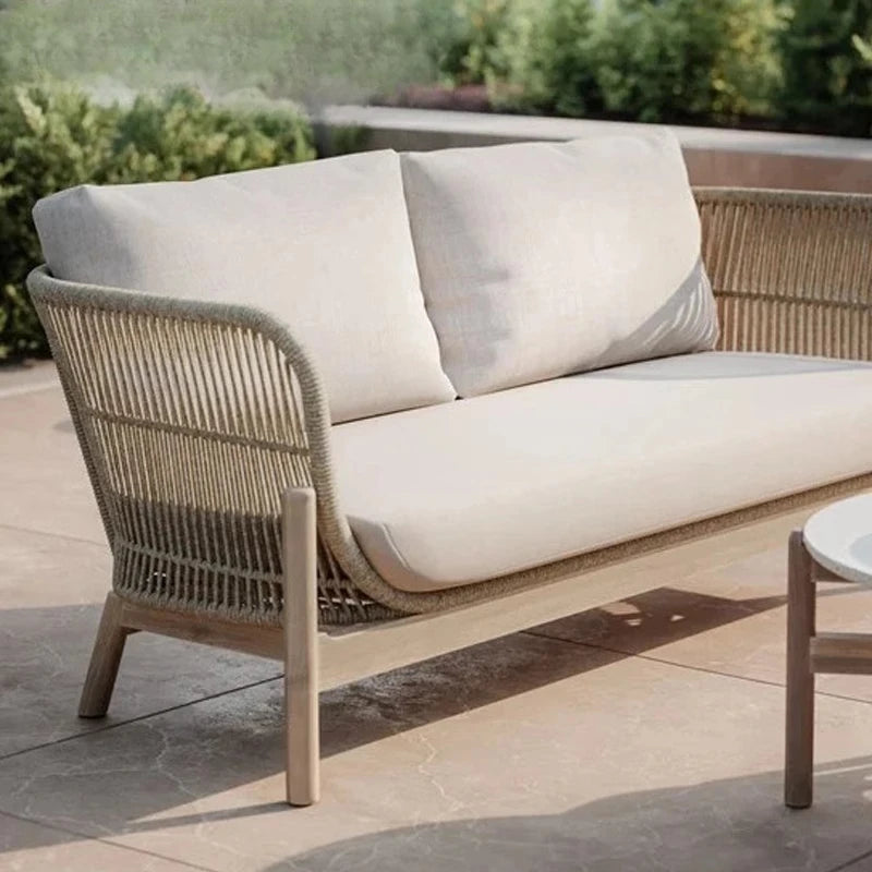 Outdoor rattan sofa courtyard garden open-air balcony leisure outdoor solid wood teak villa