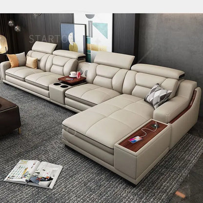 Wholesale Smart Leather Sectional Sofa Set with Bluetooth Speaker - Modern L-Shaped 7-Seater Luxury Living Room Furniture