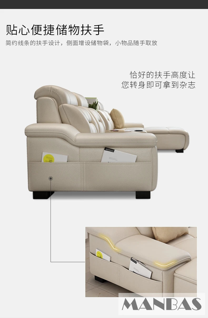 MANBAS Italian Genuine Leather Sectional Sofa with USB Charging, Bluetooth Speaker and Projector - Perfect for Your Living Room