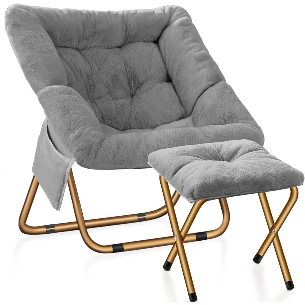 Comfy Saucer Chair, Foldable Living Room Chairs, Soft Faux Fur Lounge Chair For Bedroom, Reading Chairs For Adults