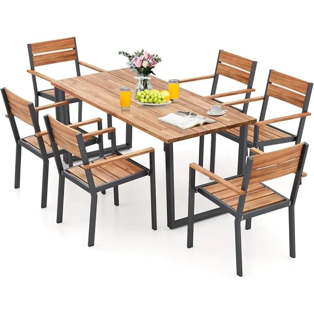 6 Pieces Outdoor Acacia Wood Dining Set, Patio Table and Chairs Set with Bench for 6-7 People, Outdoor Dining Furniture