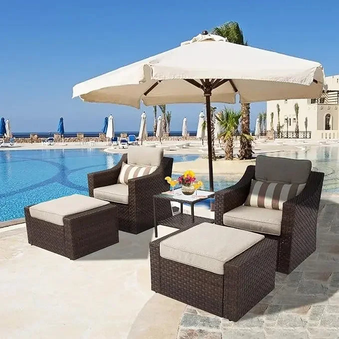 Outdoor Patio Furniture Conversation Set Rattan Wicker Chairs and Glass Top Table All-Weather and Thick Cushions