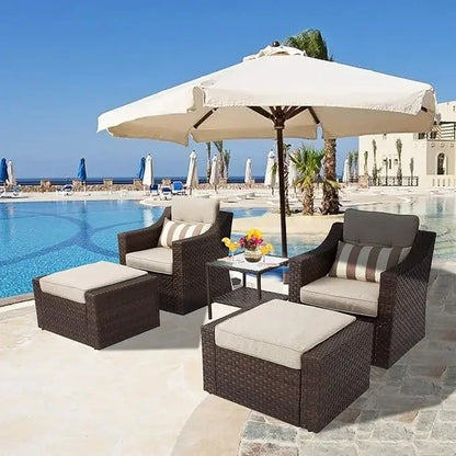 Outdoor Patio Furniture Conversation Set Rattan Wicker Chairs and Glass Top Table All-Weather and Thick Cushions