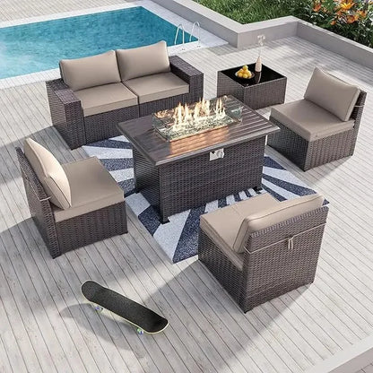 Outdoor Patio Furniture Set with 43" Gas Propane Fire Pit Table and Wicker Rattan Sectional Sofa for Conversation