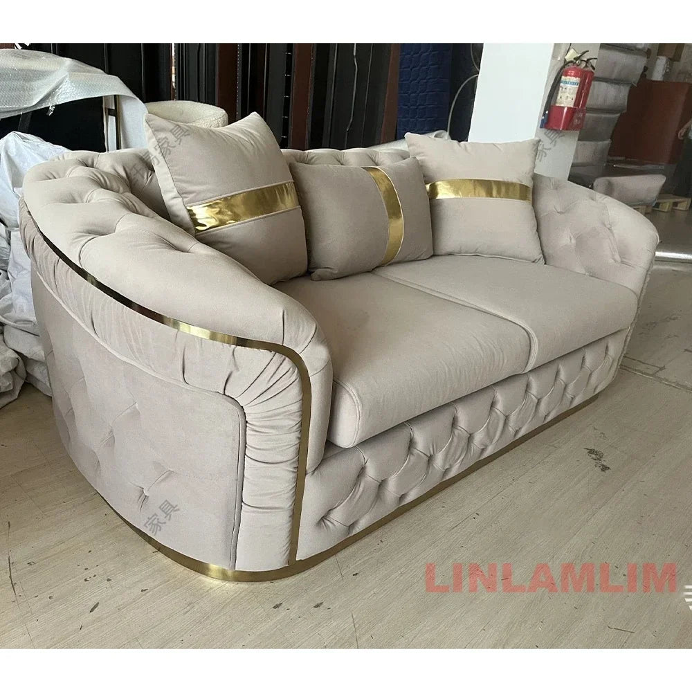 A Luxury Chesterfield Sectional Sofa Set With Cloth Buttons And Fabric Modular Couch With Gold Stainless Steel Base, 3-seater So