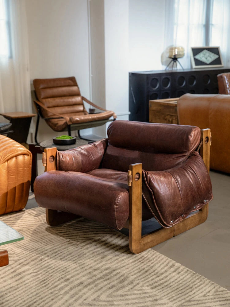 Casual leather recliner retro solid wood reading chair