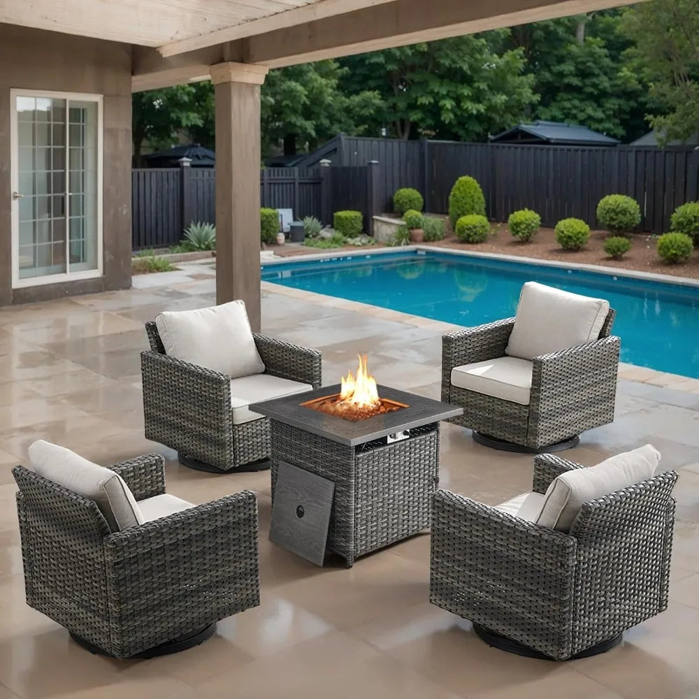 Outdoor Swivel Rocker Chairs Set of 4 with Fire Pit Table - 5 Peice Wicker Patio Furniture Set Conversation Set with 50,000 BTU