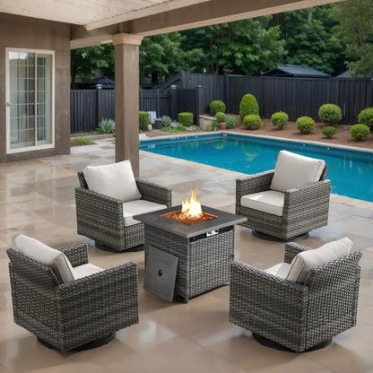 Outdoor Swivel Rocker Chairs Set of 4 with Fire Pit Table - 5 Peice Wicker Patio Furniture Set Conversation Set with 50,000 BTU