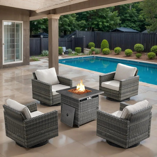 Outdoor Swivel Rocker Chairs Set of 4 with Fire Pit Table - 5 Peice Wicker Patio Furniture Set Conversation Set with 50,000 BTU