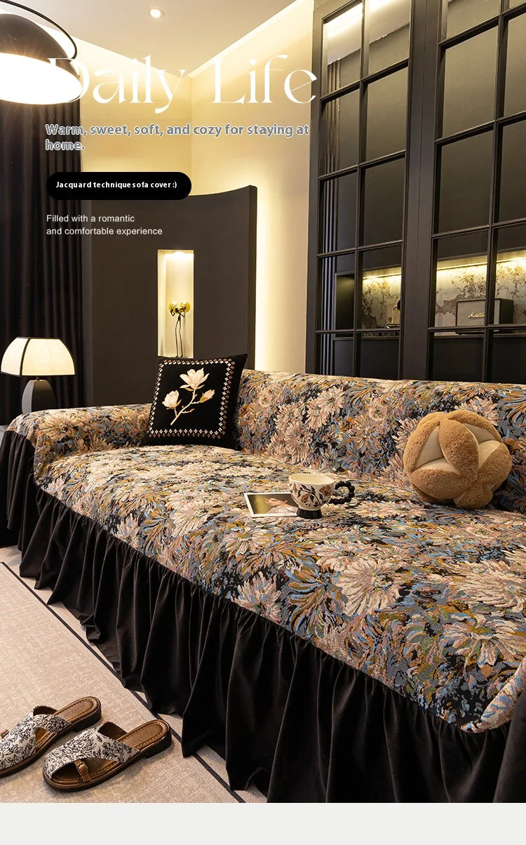 Sofa Cover with Ruffle Elegant Black Reversible for 2/3/4 Seater Couch Stretchable Slipcover Protector All Season Couch Blanket