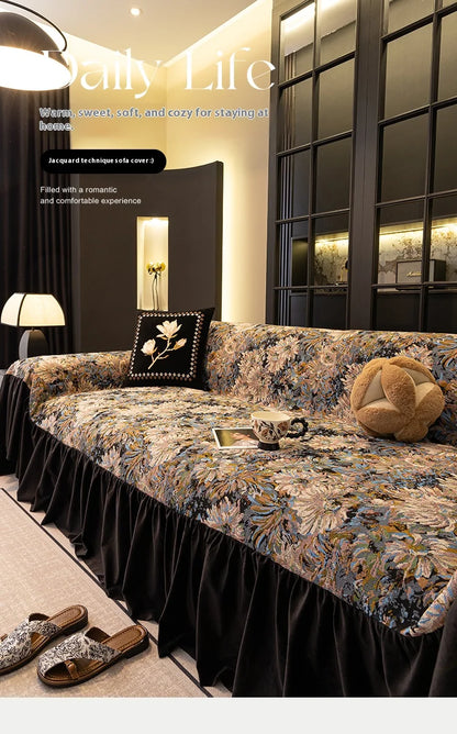 Sofa Cover with Ruffle Elegant Black Reversible for 2/3/4 Seater Couch Stretchable Slipcover Protector All Season Couch Blanket