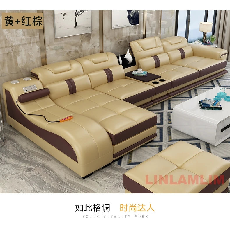 Sectional Sofa with Massage Chaise Lounge, Cup Holder, USB, Adjustable Headrests – Italian Genuine Leather Living Room Couch