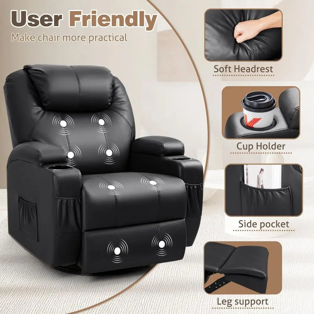 Chair, 360 Swivel Rocker Chair for Adults, Rocking Recliner Chair with Massage, Comfy Single Sofa with Side Pockets Cup Holders