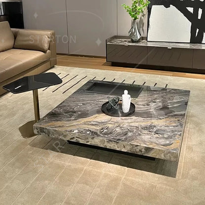 Modern Coffee Table Natural Marble Top Black Marble Coffee Table Center Table for the Living Room