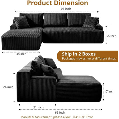 106” Modular Sectional Sofa, Cloud Sectional Couch with L-Shape Chaise/Deep Seat/Armrest/Plush Corduroy Fabric, No Assembly