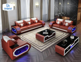 European Design Style LED Electric Sectional Sofa Set Top Microfiber Leather Home Furniture For Luxury Villa Living