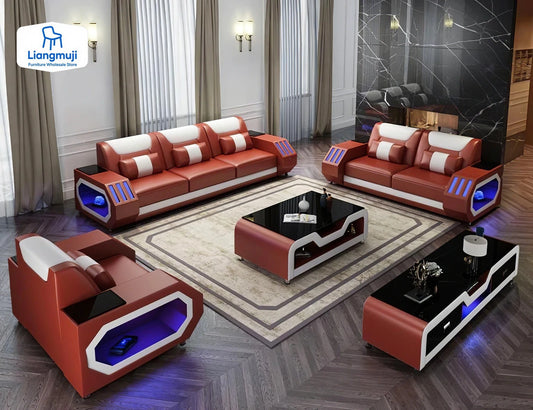 European Design Style LED Electric Sectional Sofa Set Top Microfiber Leather Home Furniture For Luxury Villa Living