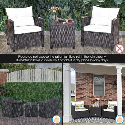 NEW-3 Pieces Patio Furniture Set, PE Rattan Wicker 3 Pcs Outdoor Sofa Set w/Washable Cushion and Tempered Glass Tabletop, (Red)
