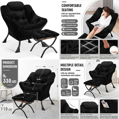 "elegant reclining chair and ottoman, comfortable sofa chair with footrest, spacious reading chair for bedrooms and living space