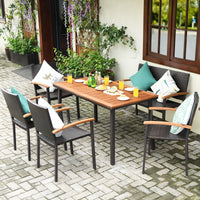 6 PCS Patio Rattan Dining Set Acacia Wood Table Stackable Chair Bench